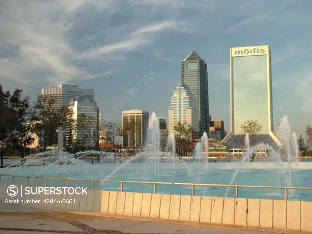 Jacksonville, FL, Florida, downtown, skyline, Friendship Fountain at Friendship Park in South Jacksonville