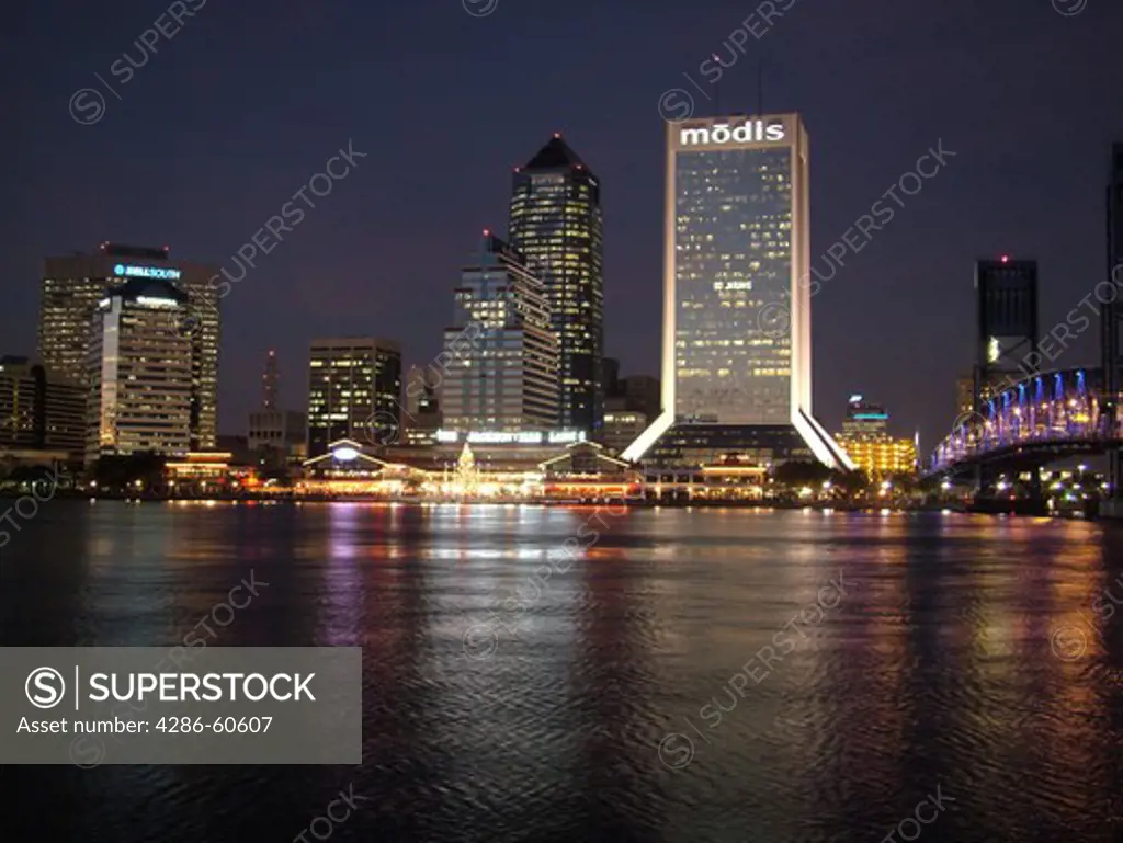 Jacksonville, FL, Florida, downtown skyline, Jacksonville Landing, St. Johns River, evening