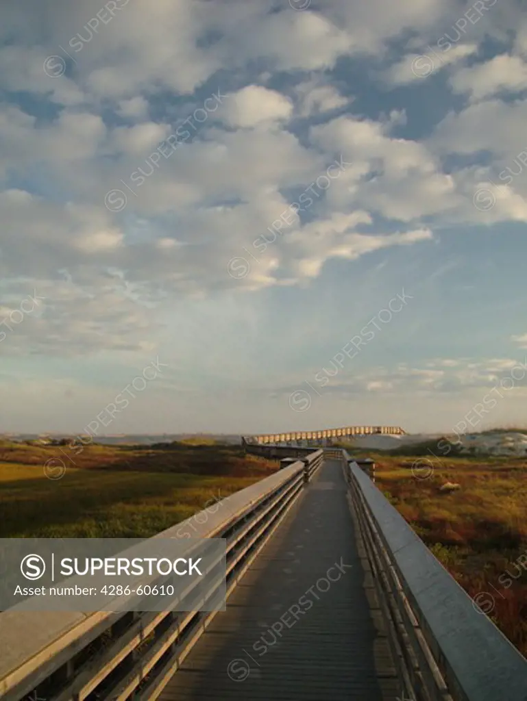 St. Augustine, FL, Florida, Anastasia Island, Anastasia State Park, Atlantic Ocean, boardwalk crosses over the dunes on the beach at sunrise
