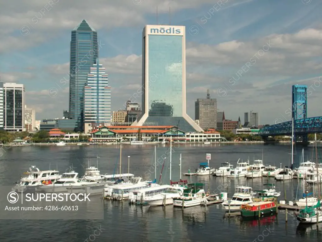 Jacksonville, FL, Florida, downtown skyline, Jacksonville Landing, boats docked at marina on the St. Johns River in South Jacksonville