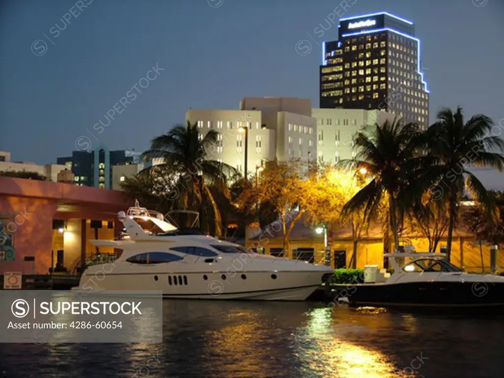 Fort Lauderdale, FL, Florida, New River, riverfront, downtown, skyline, evening