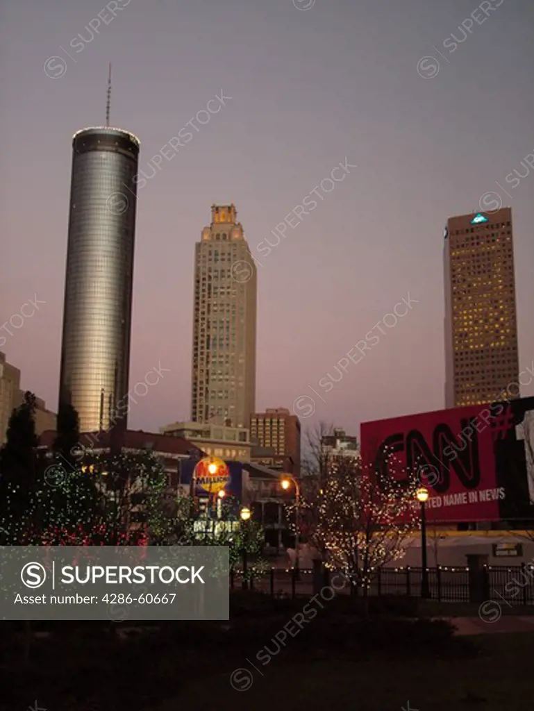Atlanta, GA, Georgia, Centennial Park, 1996 Summer Olympics, downtown skyline, evening