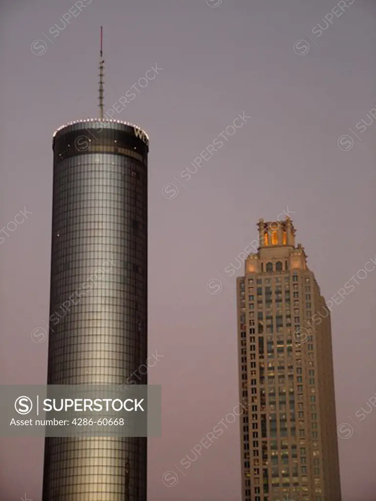 Atlanta, GA, Georgia, downtown skyline, evening, Peachtree Plaza Hotel