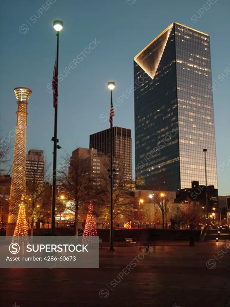 Atlanta, GA, Georgia, Centennial Park, 1996 Summer Olympics, downtown skyline, evening, Christmas decorations