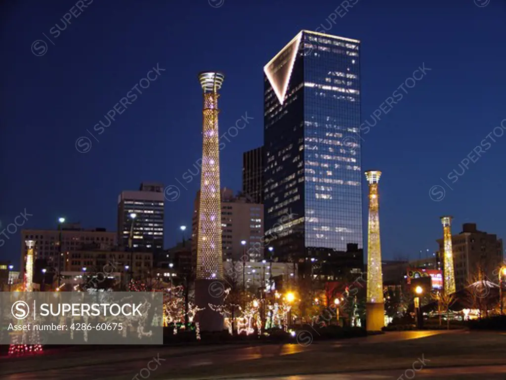 Atlanta, GA, Georgia, Centennial Park, 1996 Summer Olympics, downtown skyline, evening, Christmas decorations