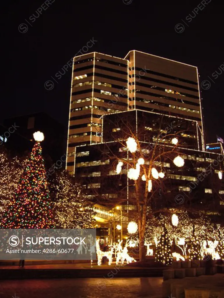 Richmond, VA, Virginia, downtown, Financial District, evenings, Christmas decorations at the James Center, high-rise buldings outlined with white lights