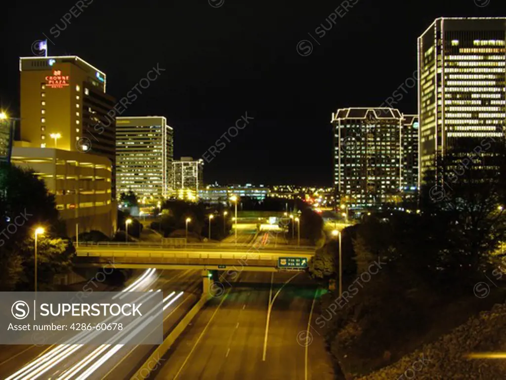 Richmond, VA, Virginia, downtown skyline, high-rises, evening, Richmond Downtown Expressway, I-95
