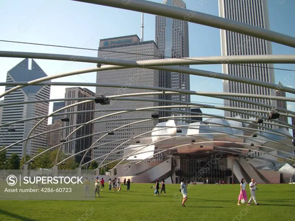Chicago, IL, Illinois, Windy City, Downtown, skyline, Millennium Park, Jay Pritzker Pavilion, designed by Frank Gehry, Great Lawn