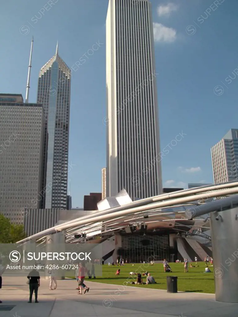 Chicago, IL, Illinois, Windy City, Downtown, skyline, Millennium Park, Jay Pritzker Pavilion, designed by Frank Gehry, Great Lawn