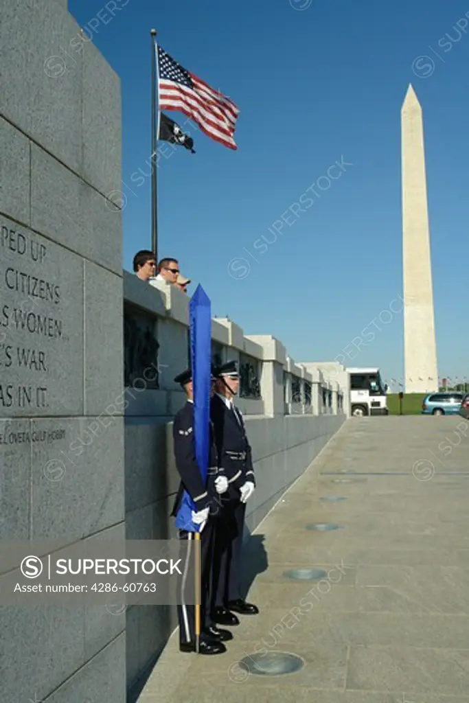 Washington DC, D.C., District of Columbia, World War II Memorial, Soldiers standing guard, National Mall, Memorial Parks, Nation's Capital, Washington Monument