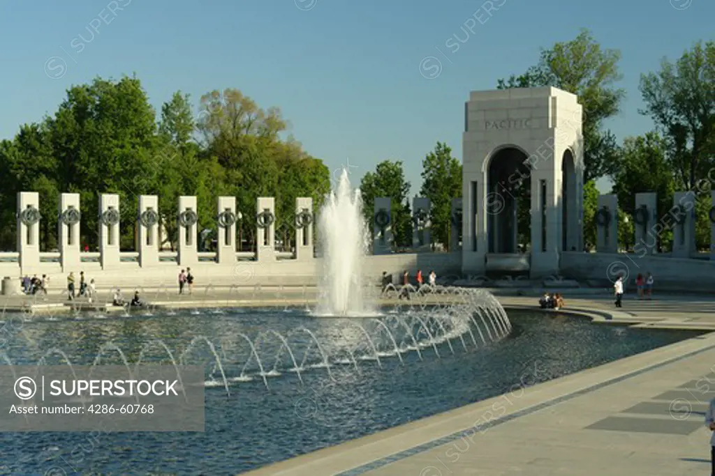 Washington DC, D.C., District of Columbia, World War II Memorial, Memorial Pillars, Pacific Pavilion, Fountain, National Mall, Memorial Parks, Nation's Capital