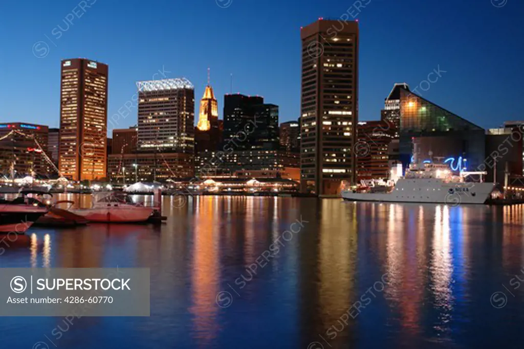 Baltimore, MD, Maryland, Chesapeake Bay, Downtown Skyline, Inner Harbor, evening