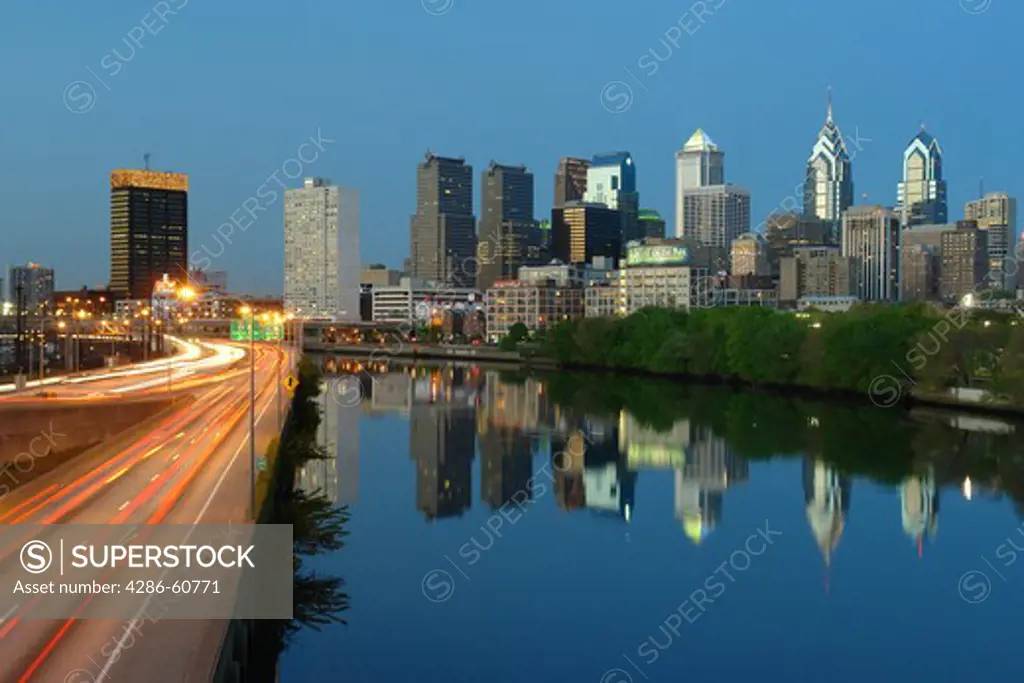 Philadelphia, PA, Pennsylvania, Schuylkill River, Downtown Skyline, I-76, evening, reflection, expressway