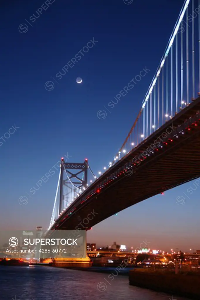 Philadelphia, PA, Pennsylvania, Delaware River, Benjamin Franklin Bridge, Downtown Skyline, evening, moonrise