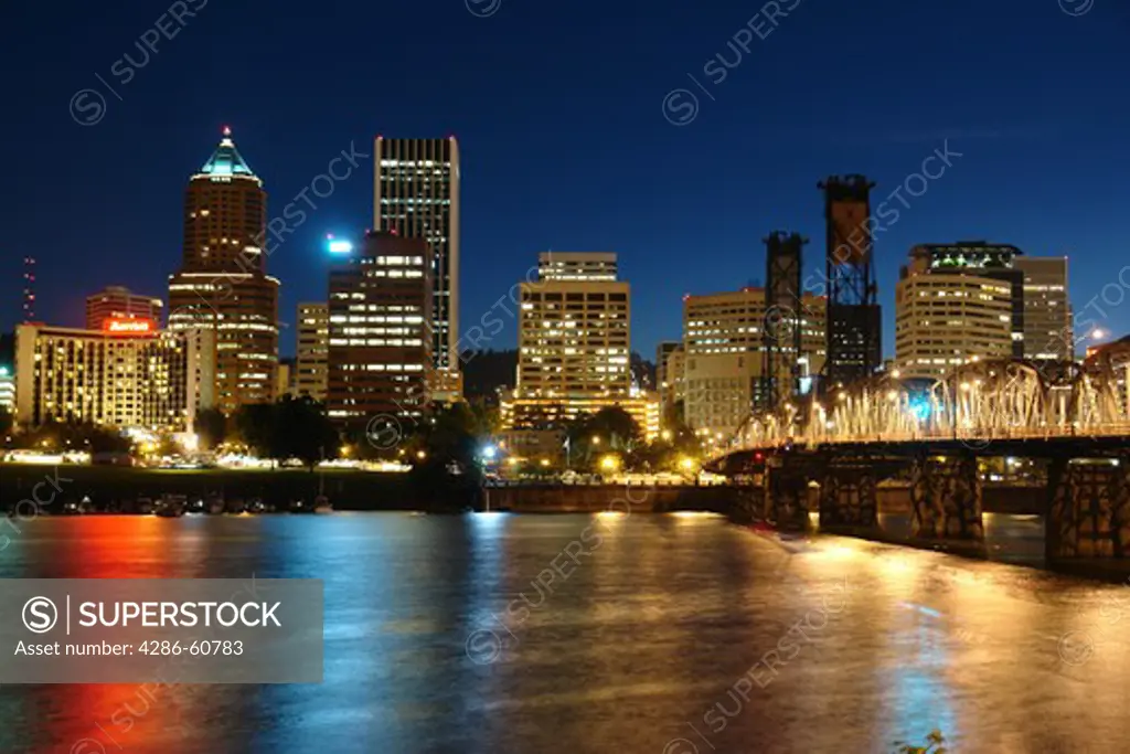 Portland, OR, Oregon, Willamette River, Hawthorne Lift Bridge, downtown, skyline, evening