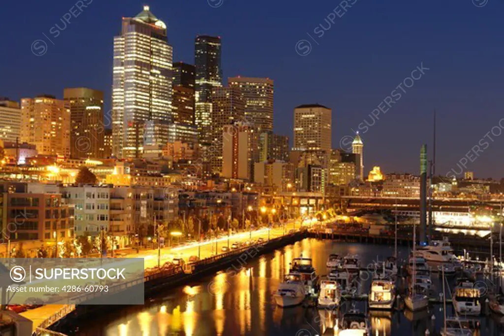 Seattle, WA, Washington, Puget Sound,  Elliot Bay, Bell Street, Harbor, Marina, evening