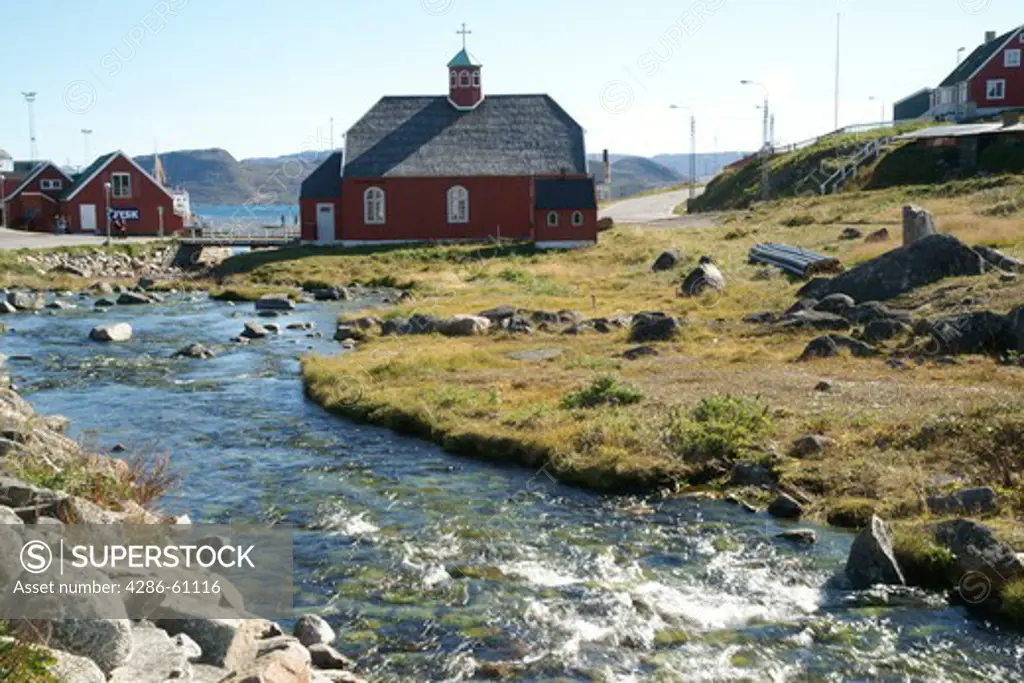 river with Church of Our Savior in background, Qaqortoq, Greenland (Danish name: Julianehab), largest town in South Greenland