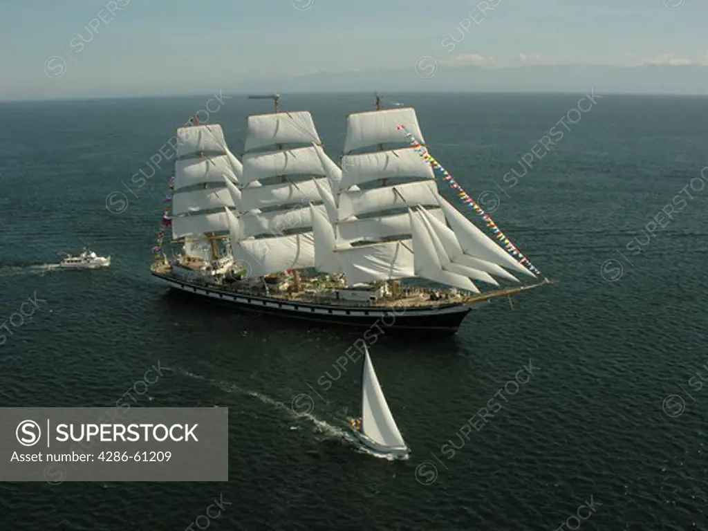 Russian tall ship Pallada approaches Victoria Harbour on Vancouver Island, British Columbia, Canada.