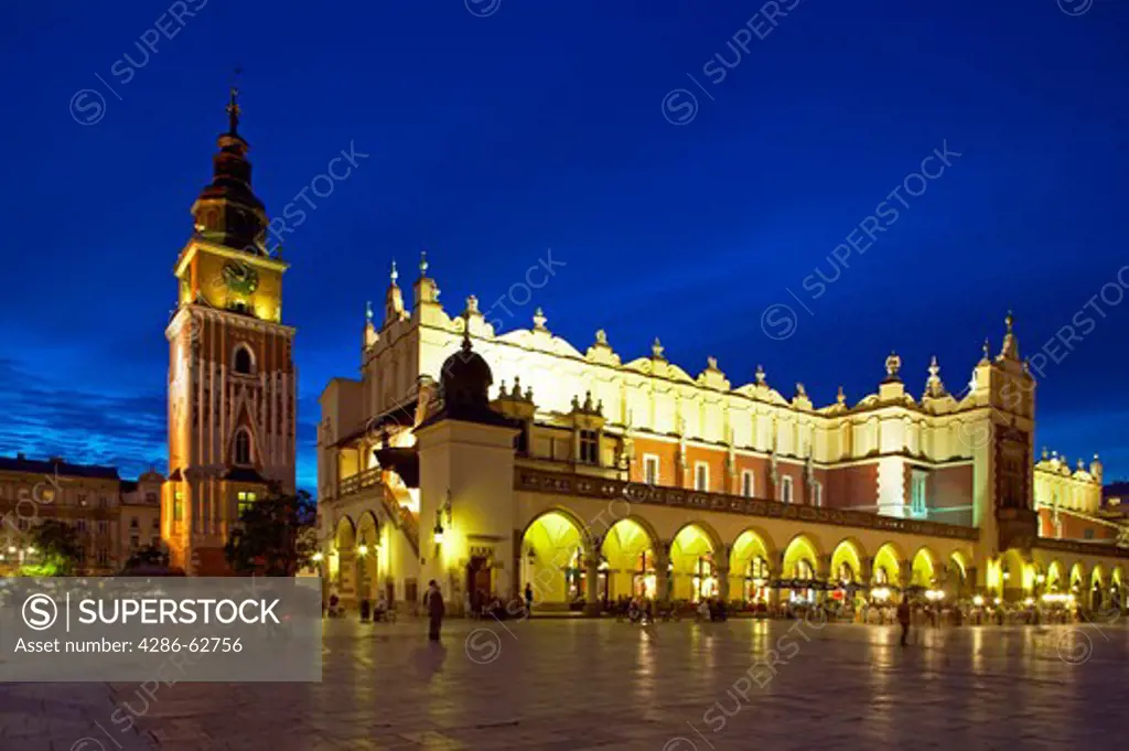 Town Hall Tower and Cloth Hall in the old market square of Cracow Poland