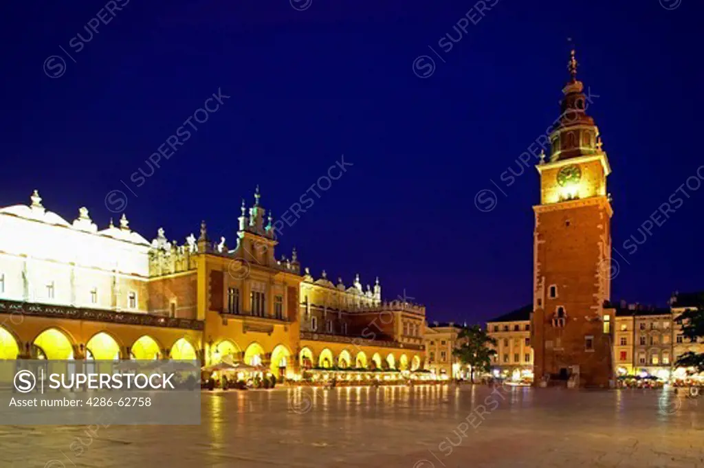 Town Hall Tower and Cloth Hall in the old market square of Cracow Poland