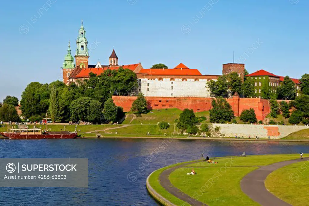 The Royal Castle and the Cathedral at Wawel Hill at the foreground the Vistula river Cracow Poland