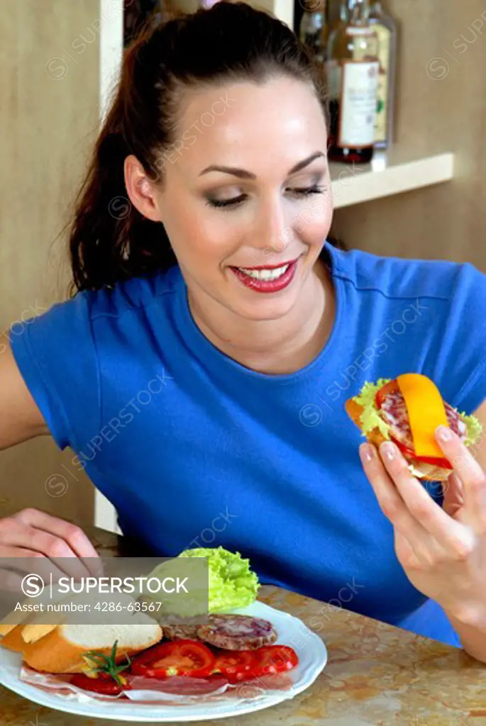 Girl Young Woman Eating Sandwiched Baguette Starter