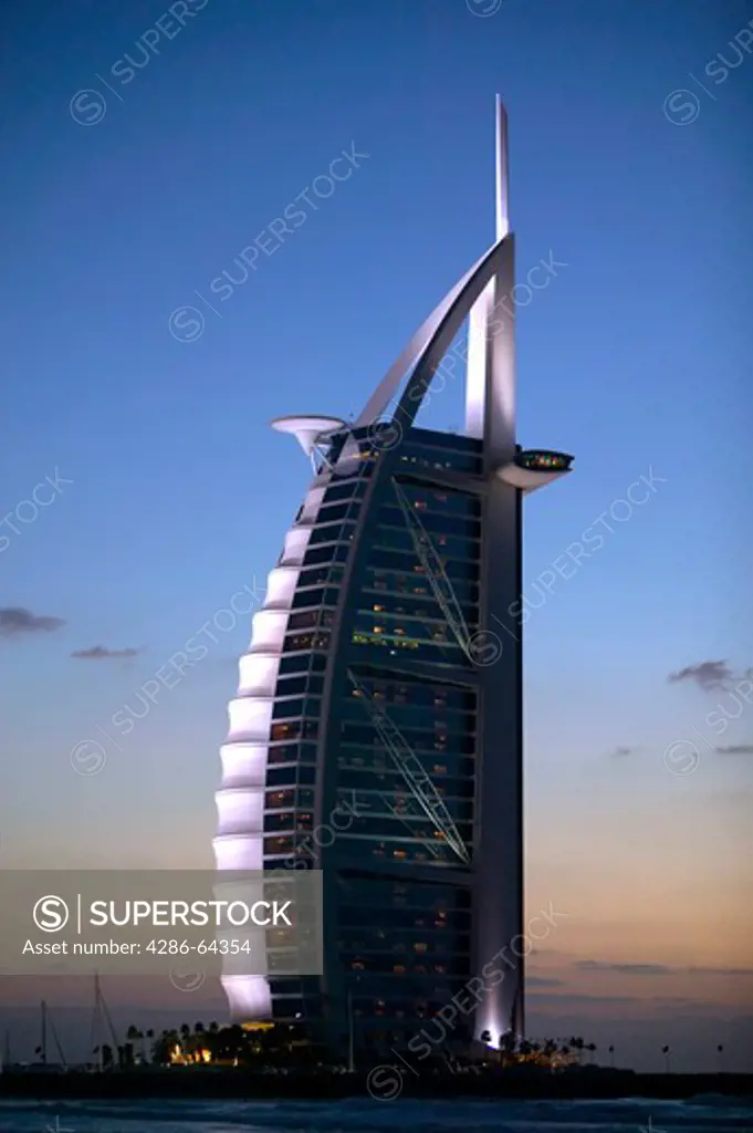 Dubai,  luxury Hotel Burj al Arab in the evening