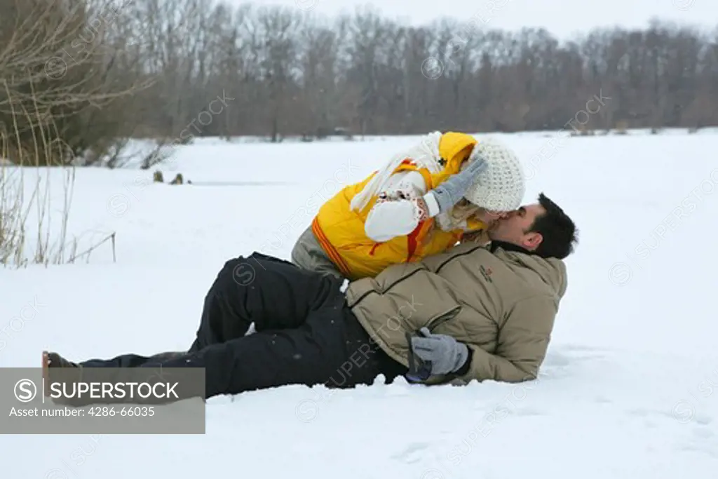 Pair, Happily, embrace, snow, winter,
