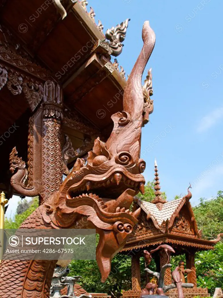 Thailand, temple Wat Na Ban Rai in Lampang, wooden temple of mahogany