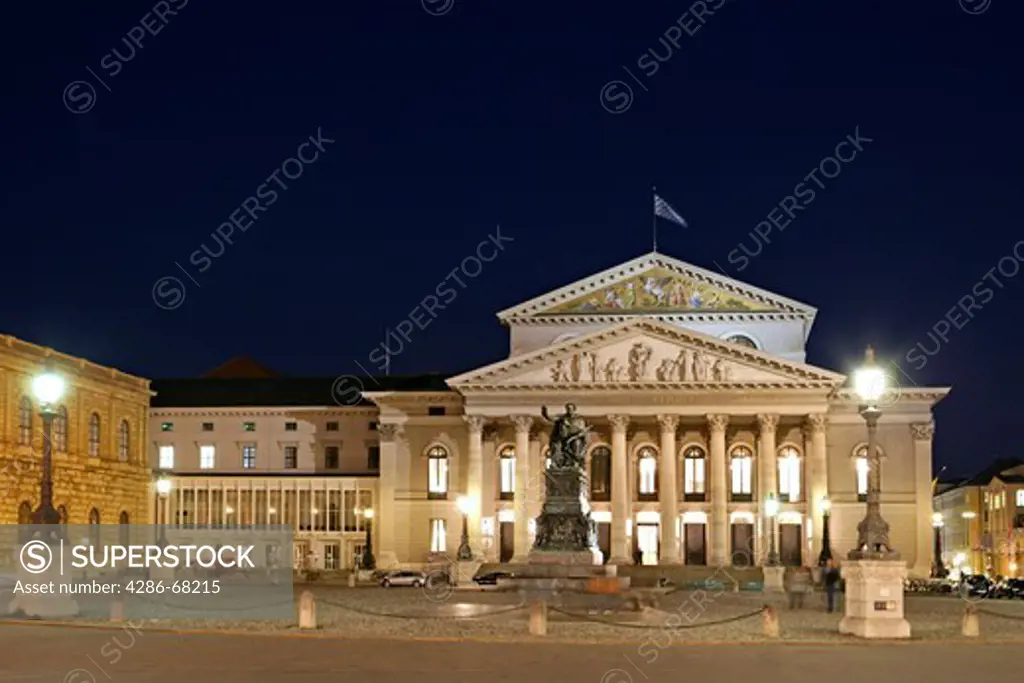 Monument of Max Joseph 1st in front of Nationaltheater in Munich at Night, Germany, Bavaria