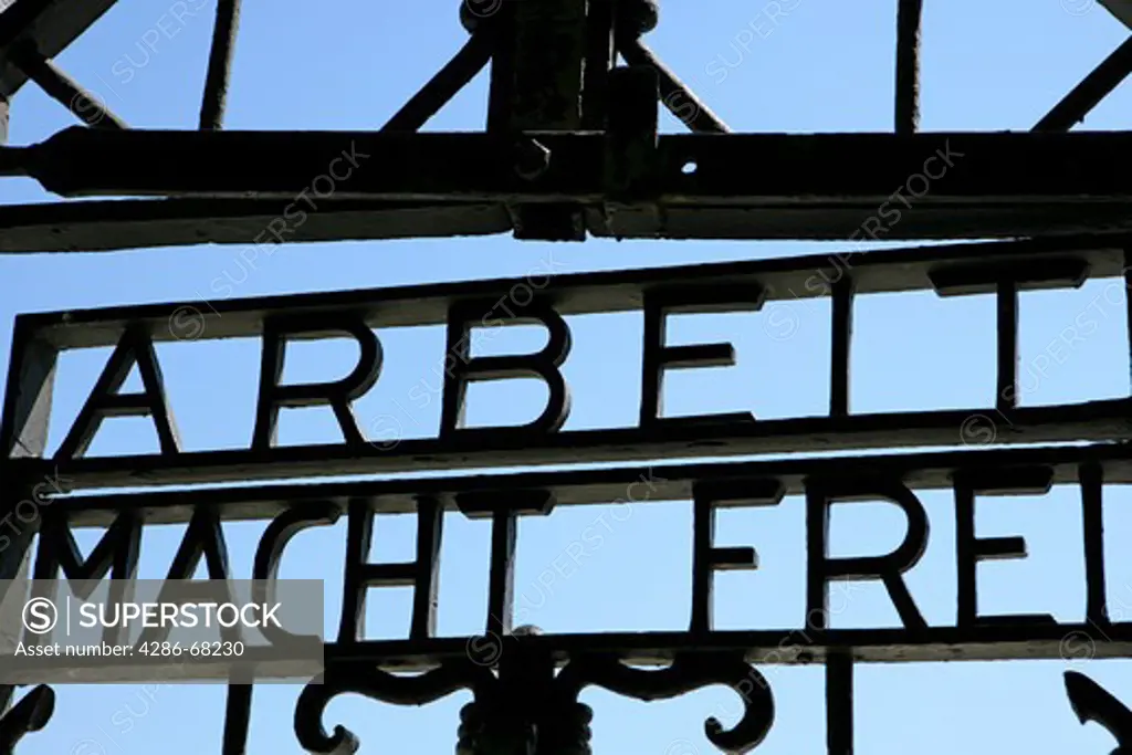 Dachau Concentration Camp. Main gate: Arbeit macht frei. (Work sets you free)