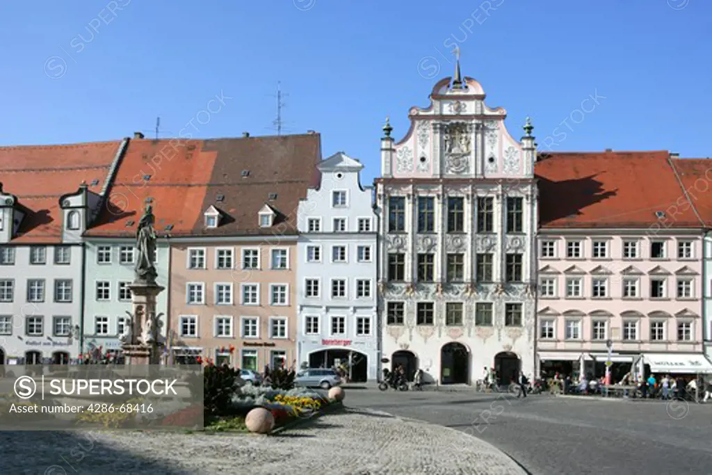 Landsberg upon the river Lech Bavaria Germany main square with Mary's fountain and the city hall