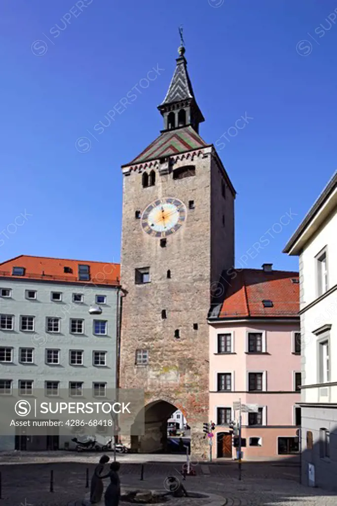Schmalzturm Lard Tower and town houses in Hauptplatz Landsberg am Lech Bavaria Germany