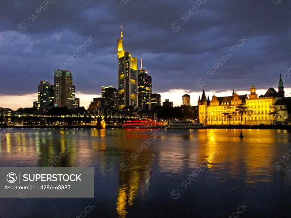Germany Frankfurt downtown Skyline at sunset banking area commerzbank refelctions on the river main