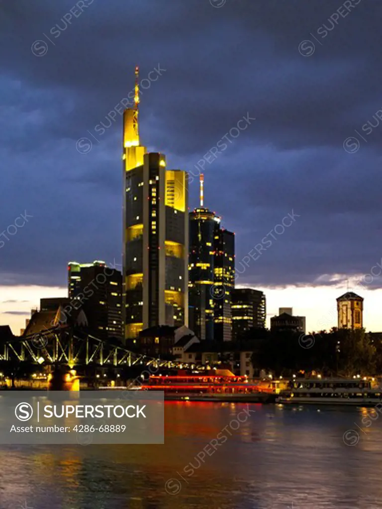 Germany Frankfurt downtown Skyline at sunset banking area commerzbank refelctions on the river main