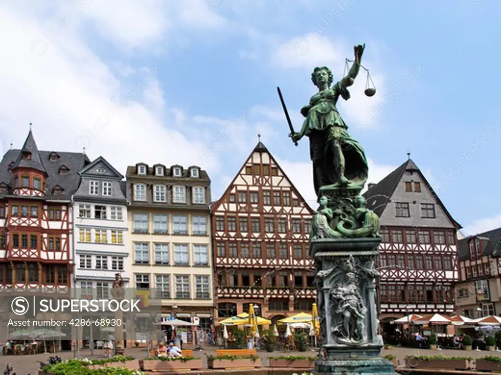 German city Frankfurt Main old town timbered house and Justitia fountain at Roemer