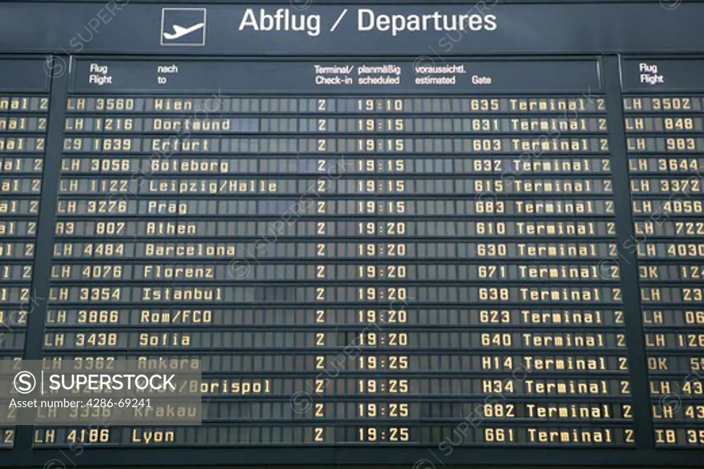 Departure Timetable at Franz Josef Strauss Airport Munich Bavaria Germany