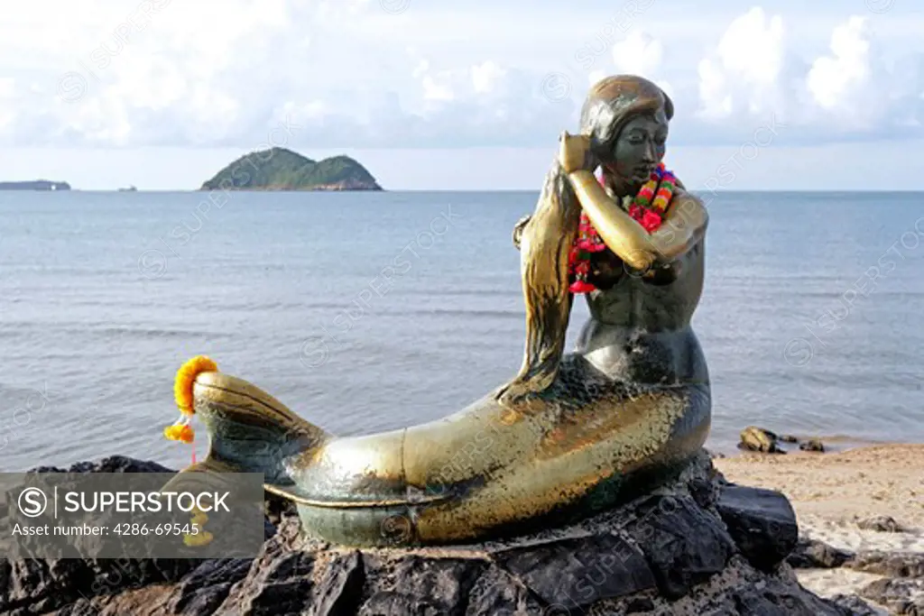 , Sculpture the golden Mermaid at Smila Strand in Songklah