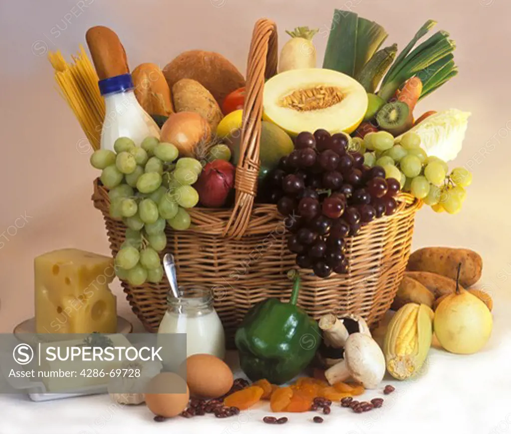 Basket with various food
