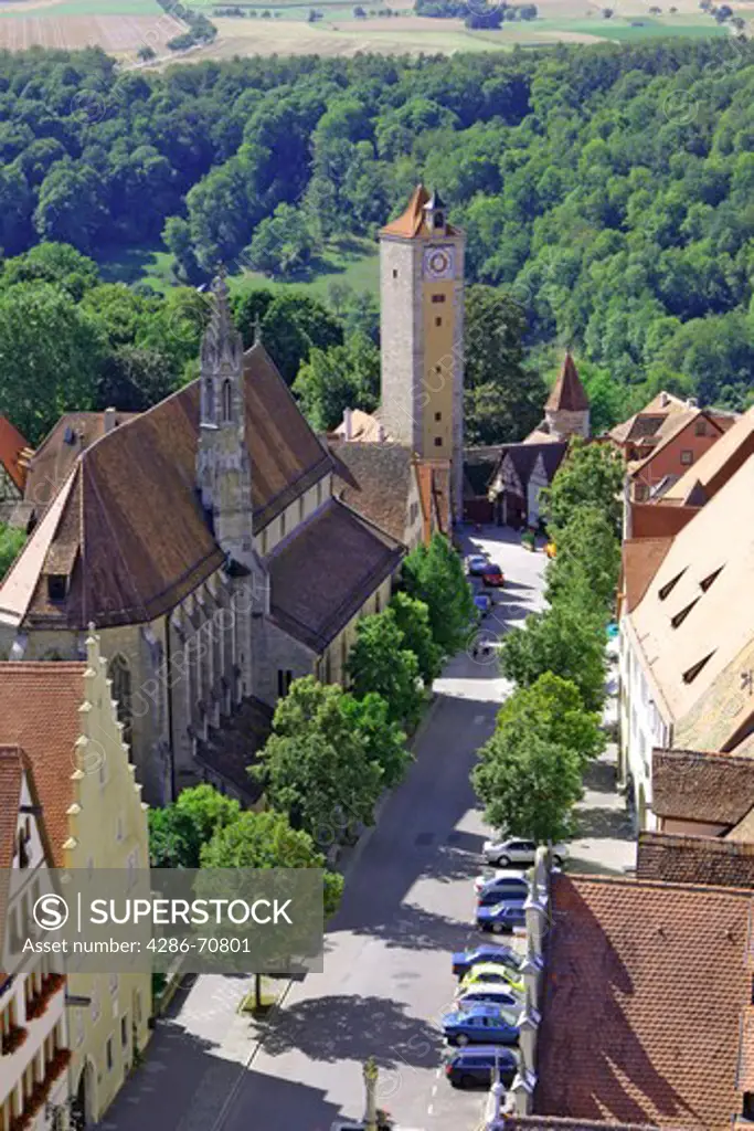 Germany, Bavaria, Rothenburg ob der Tauber, Stadtansicht, Burgtor, Franziskanerkirche, Vogelperspektive