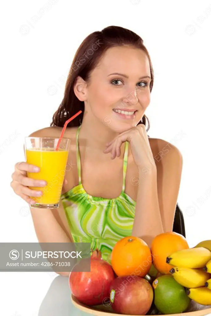 Woman drinks orange juice, fruit juice