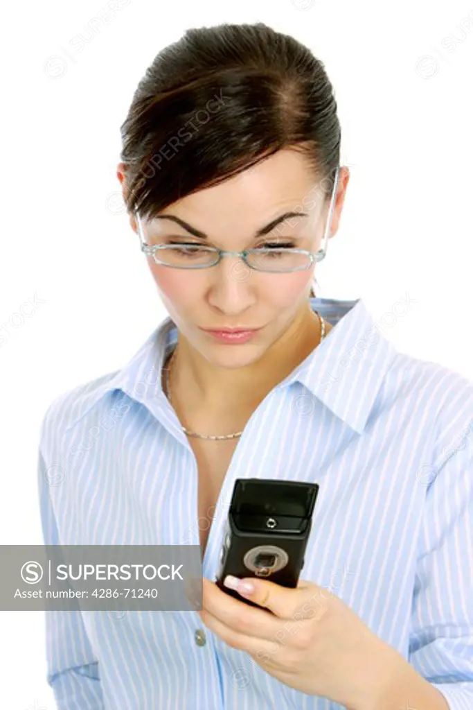 woman reads sms on her mobile phone