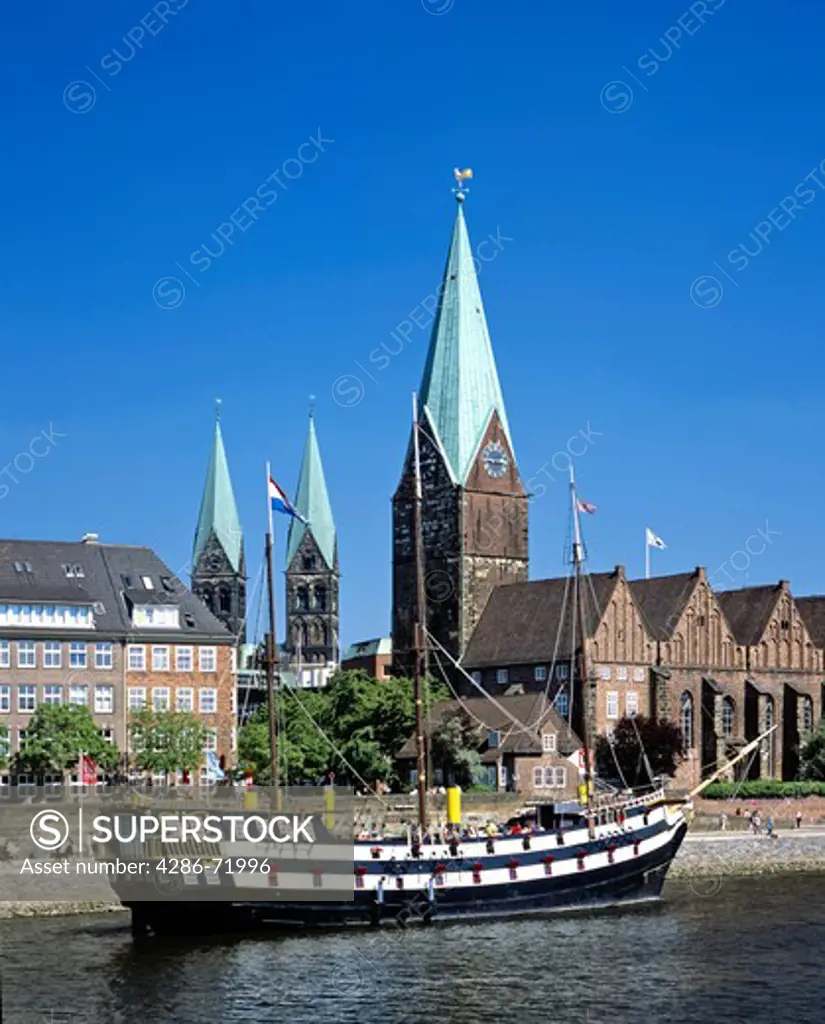 Germany,city of Bremen, River Weser, old ship, Cathedrale of  St. Petri