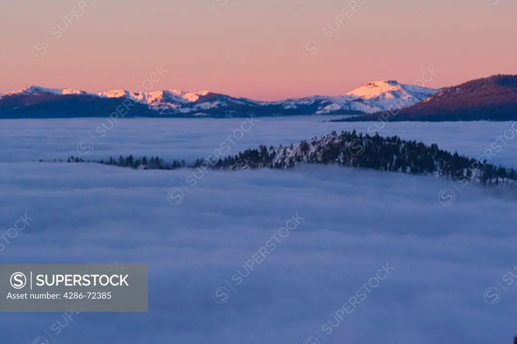 Sunrise and a sea of clouds over Lake Tahoe and in winter in Nevada