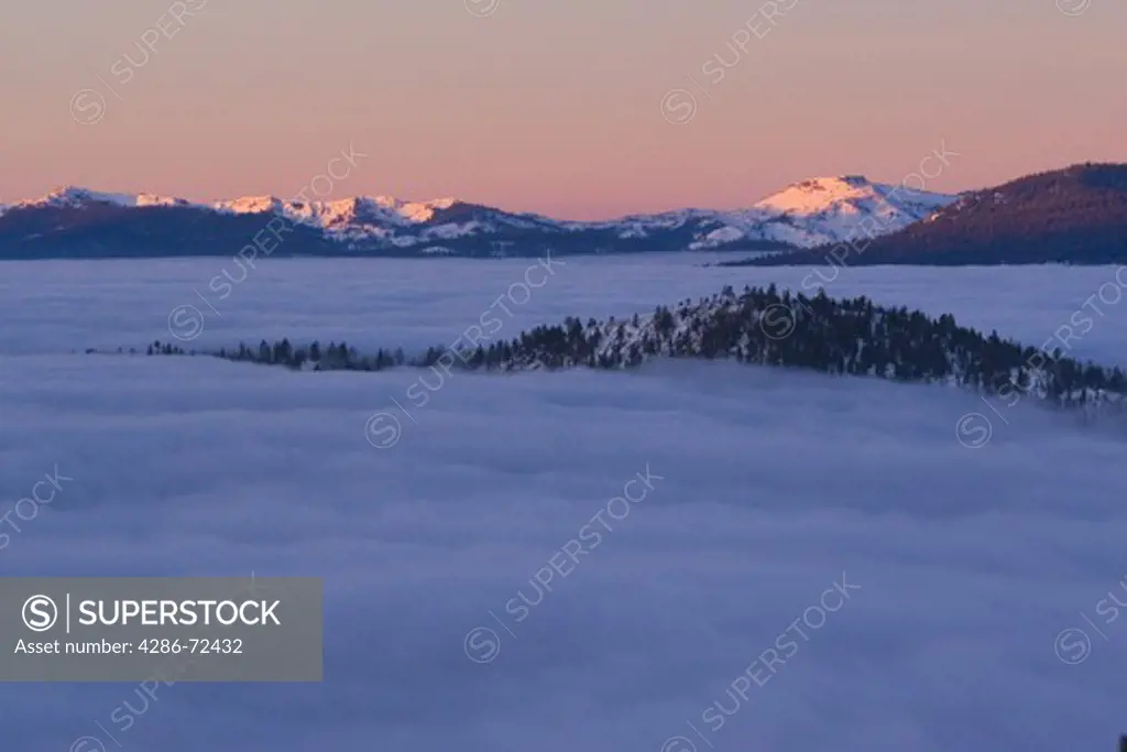 Sunrise and a sea of clouds over Lake Tahoe and in winter in Nevada