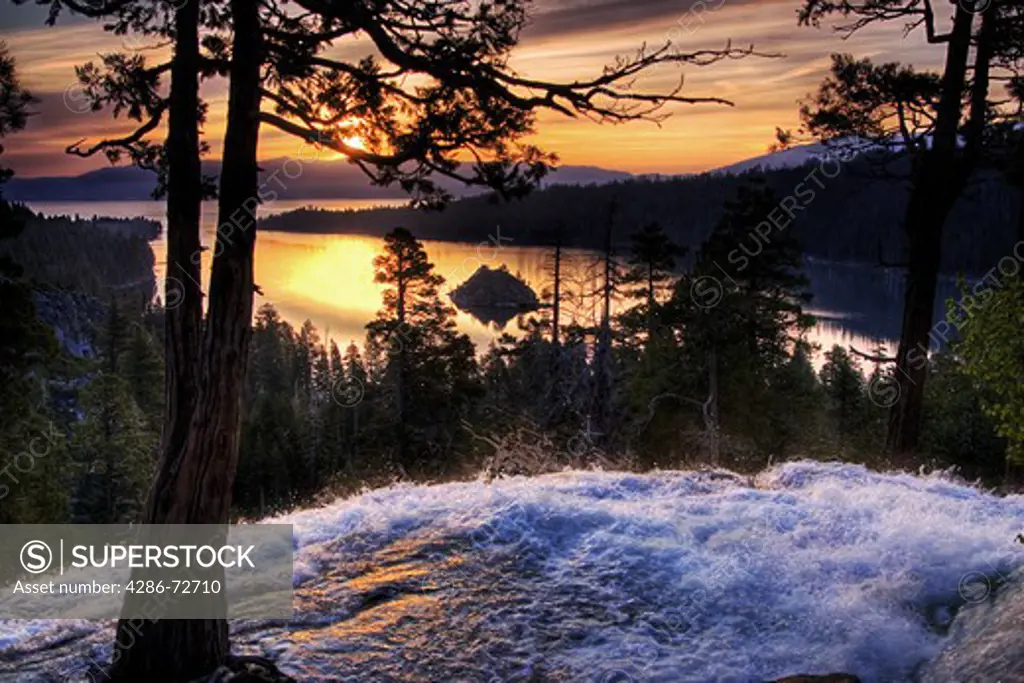Blurry Eagle Falls and Emerald Bay at dawn on Lake Tahoe in California