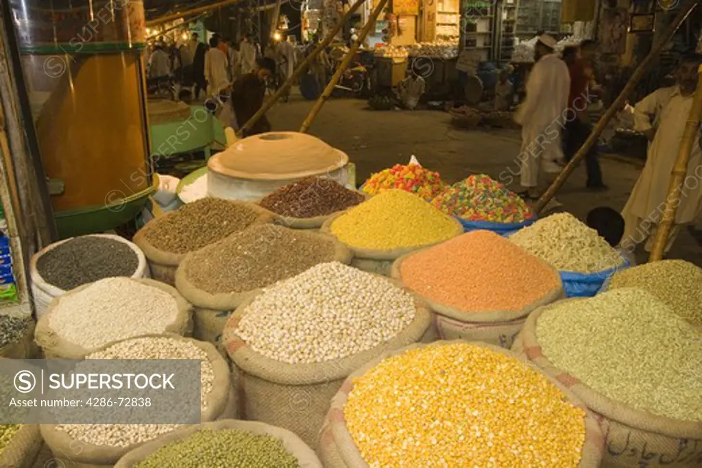 Sacks of grain in the old bazaar in Rawalpindi in Pakistan