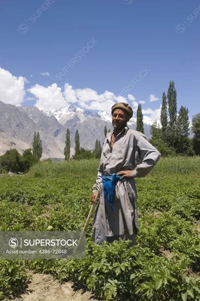 A portrait of a man hoeing potatoes in the village of Shigar in Baltistan in Pakistan