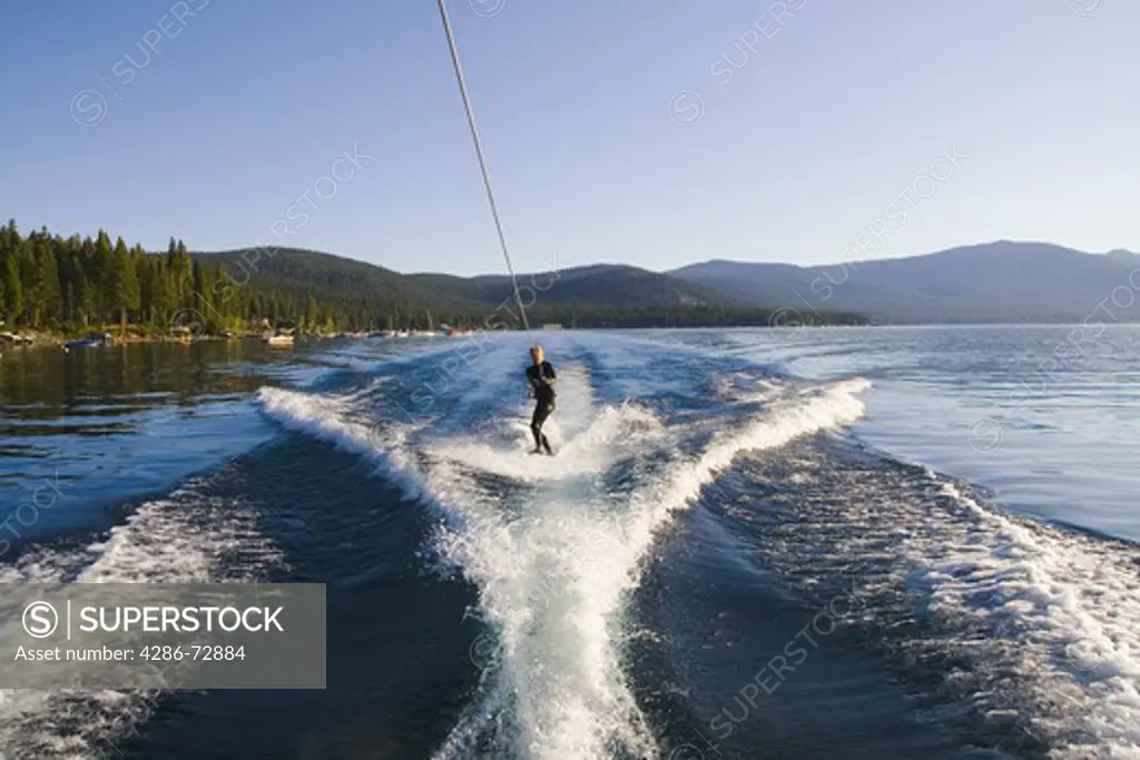  A woman wakeboarding on Lake Tahoe in California