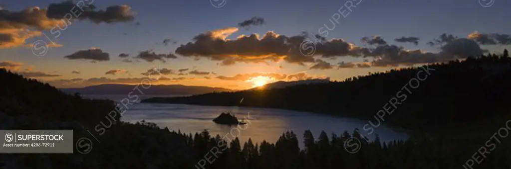 Sunrise and clouds above Emerald Bay on Lake Tahoe in California